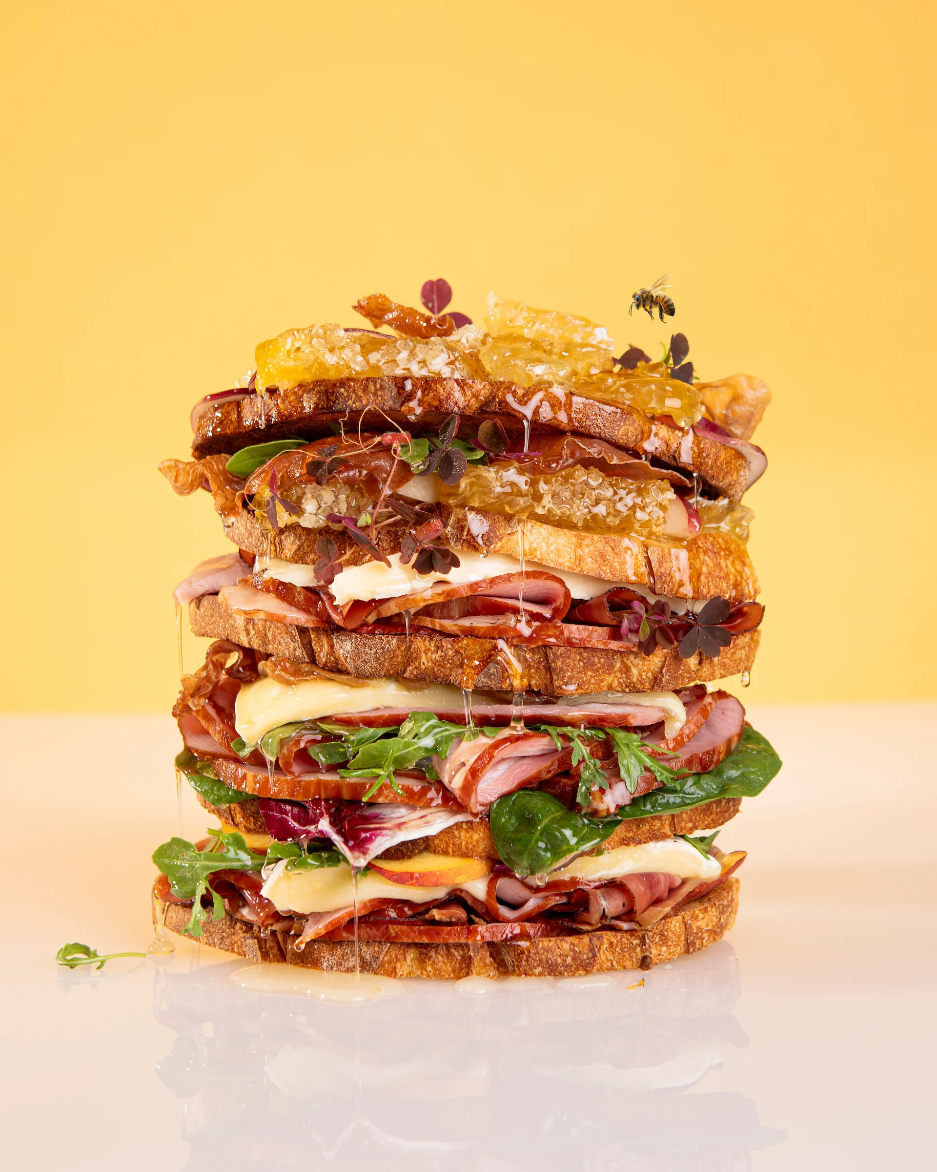 A mountain of a sandwich dripping in honey.